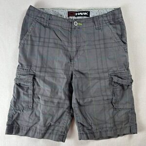Tony Hawk Cargo Boy's Gray Plaid Baggy Loose Fit Skater Cargo Shorts Size 16 30"